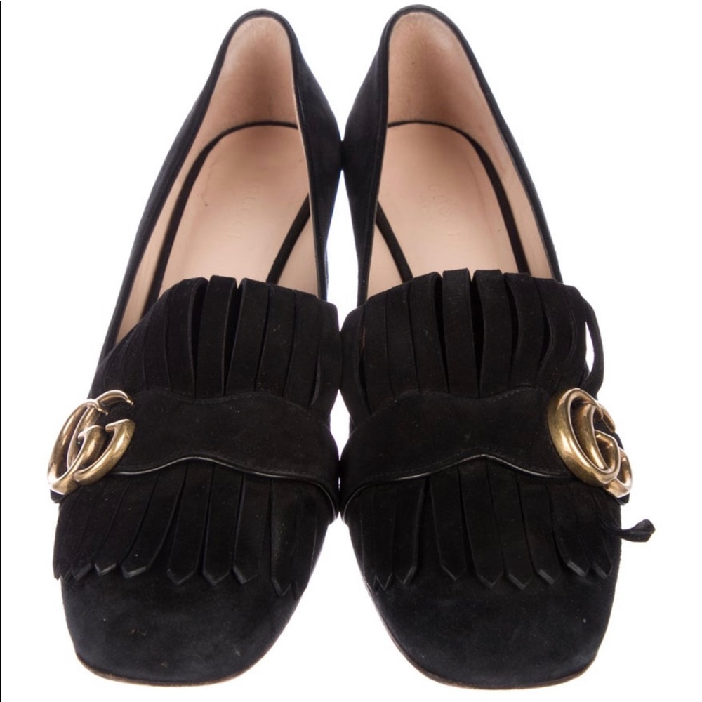 Gucci Marmont Suede Mid-Heel Pumps.